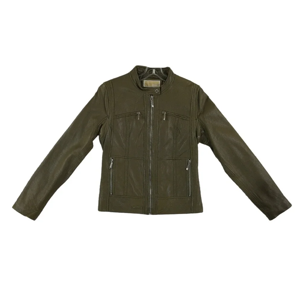 Michael Kors Leather Moto Jacket Women's Size Small Olive Green Biker Coat Lined